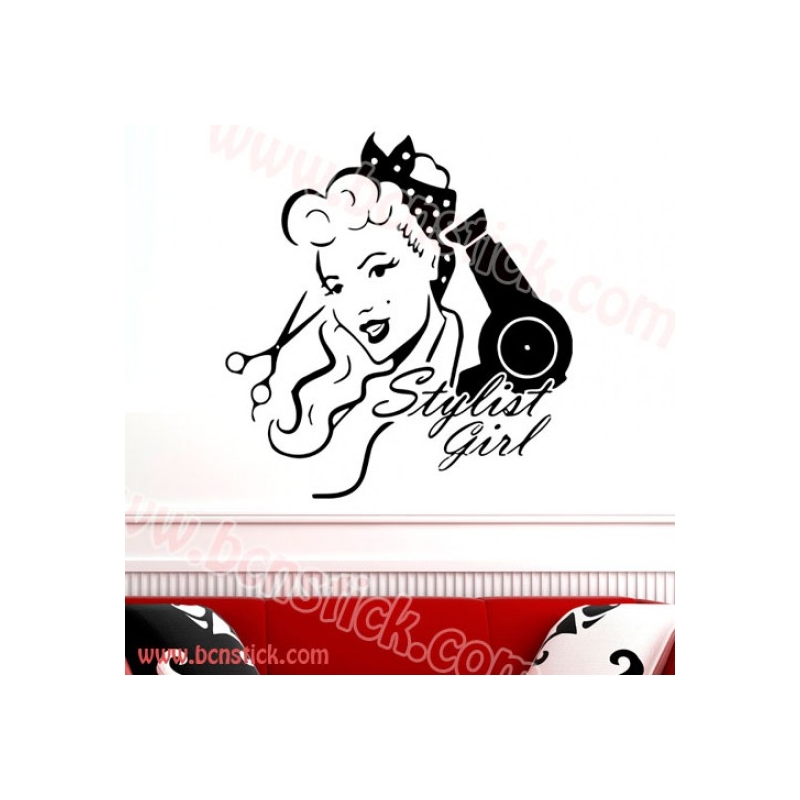 Vinilo de chica con secador de pelo ideal para una peluquería 60x63cm